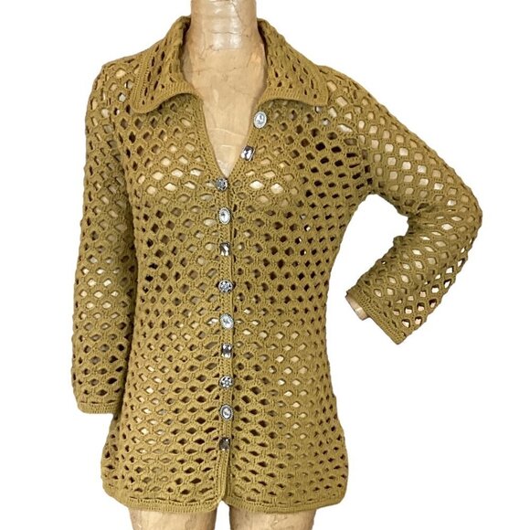 PURE Handknit Open Weave Cardigan Unique Gem Buttons 100% Cotton Sz S/M #283A - Picture 2 of 8
